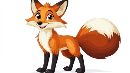 Cartoon fox smiling with a bushy tail on a white background