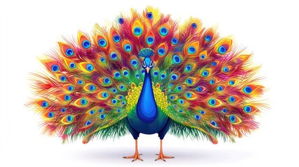 Cartoon peacock with vibrant feathers on a white background © Napasnan
