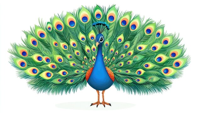 Cartoon peacock with vibrant feathers on a white background