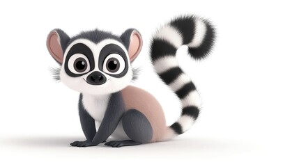 Fototapeta premium Cute cartoon lemur with a striped tail on a white background