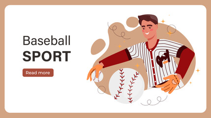 Baseball sport poster. Man in uniform throws ball. Active lifestyle and team sports. Tournament and competition. Baseball pitcher. Flat vector illustration isolated on red background