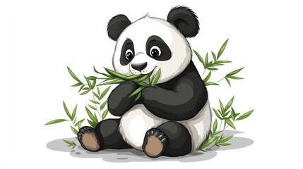 Cute cartoon panda sitting and eating bamboo on a white background
