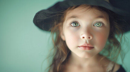 Little girl in witch costume ready for Halloween. Pastel green background.