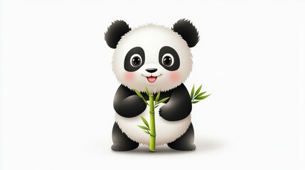 Obraz premium Cute cartoon panda with a bamboo shoot on a white background
