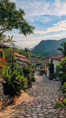 Fototapeta premium A peaceful pathway leads through a charming village surrounded by mountains and vibrant plants during golden hour
