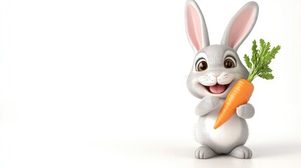 Fototapeta premium Happy cartoon bunny holding a carrot on a white background