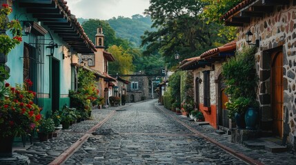 Obraz premium A peaceful cobblestone street showcases colorful homes adorned with blooming flowers amid lush greenery