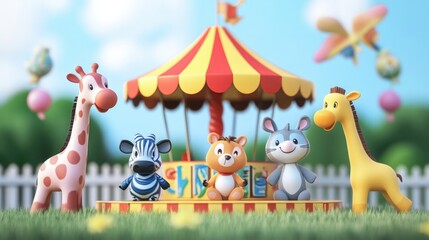 Obraz premium Cartoon animal friends having fun at a spring fair