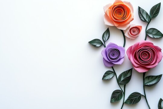 Isolated Roses on Blank White Simple Paper Quilling Theme Generative Illustration