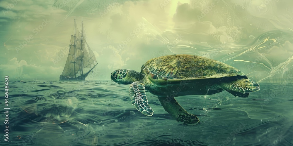 Sticker a sea turtle swims in green, misty water.