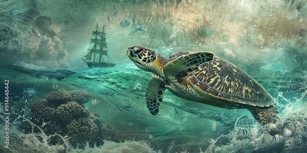 Sticker sea turtle swimming in ocean with ship in background.