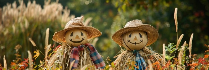 Two scarecrows greet visitors with a warm smile saying Welcome