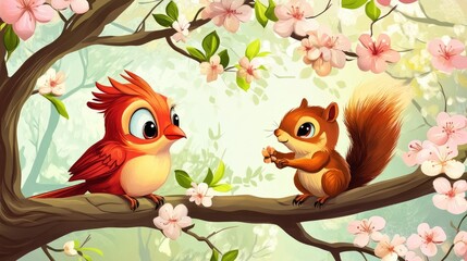 Obraz premium Cartoon bird and squirrel friends playing in a blossoming tree
