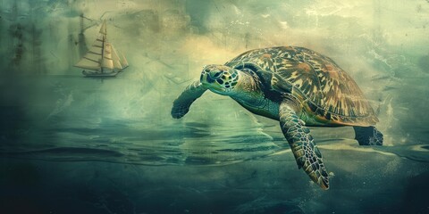 Obraz premium A sea turtle swims below a sailing ship.