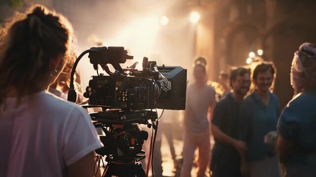 A diverse film crew, including a white woman, operates a camera recording a bustling outdoor scene at sunrise. Actors and crew members move around, creating a vibrant and professional atmosphere.