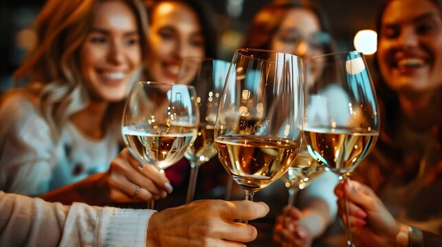 A group of women are holding up wine glasses and smiling