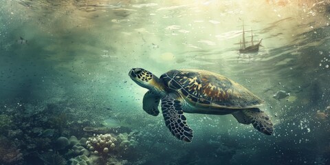 Fototapeta premium Sea turtle swims beneath a ship in the ocean.