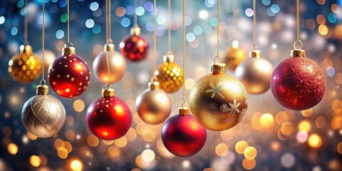 Fototapeta premium Christmas balls hanging on blurry background, holiday, festive, decoration, ornaments, red, green, gold, shiny, winter