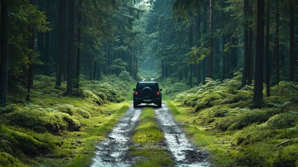 Obraz premium Adventurous Road Trip Through a Serene Pine Forest Captured in Stunning Detail