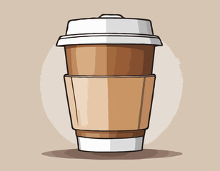 Hot coffee with protective cover in hand in illustratoin
