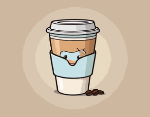 Hot coffee with protective cover in hand in illustratoin
