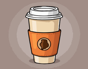 Hot coffee with protective cover in hand in illustratoin

