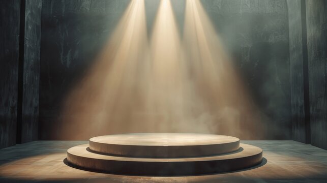 Round Podium Illuminated by Searchlights, Blank Presentation Background, AI Created