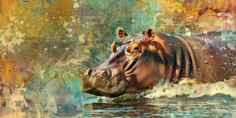 Fototapeta premium A hippopotamus emerges from water with abstract background.