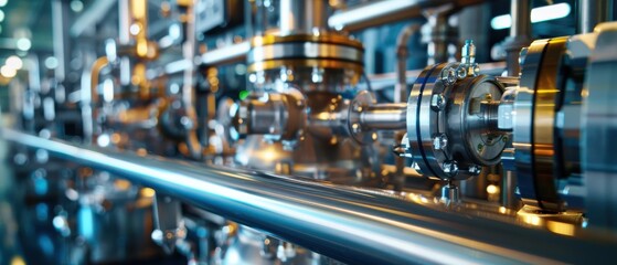 Fototapeta premium A long pipe with many valves and pipes on it