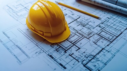 Blueprint floor plan architectural project on the table with yellow helmet and pencil 