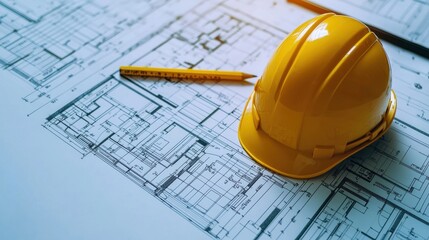Blueprint floor plan architectural project on the table with yellow helmet and pencil 