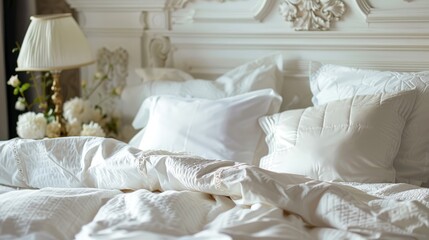 Neatly made bed with white linens in a beautiful bedroom. Close-up interior.