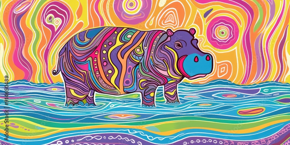 Poster A colorful abstract hippopotamus in water.