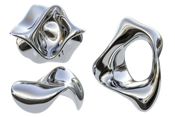 Y2K Melty chrome shapes isolated on transparent background. 3 Spilled liquid metal drops. Futuristic metallic puddles, abstract silver chrome shapes