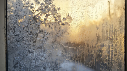 Condensation on a winter window creates a complex pattern of droplets and frost that subtly darkens the view outside.