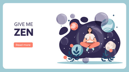Emotional balance woman poster. Young girl sits in lotus position in bubble. Give me Zen. Meditation and concentration, awareness, mindfulness. Flat vector illustration isolated on white background