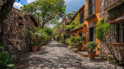Cobblestone street adorned with vibrant houses and flourishing plants on a bright sunny day