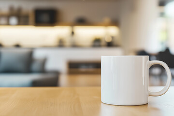 Fototapeta premium A plain white ceramic mug on a wooden table with a blurred modern living room in the background, ideal for product mockups or advertising designs.