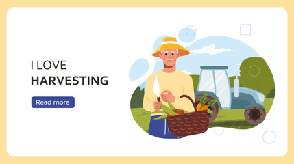 Elderly man with harvest poster. Senor standing with basket of fruits and vegetables. Natural and fresh products. Farming and agriculture. Landing webpage design. Flat vector illustration