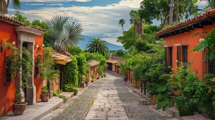 Obraz premium A tranquil cobblestone path bordered by colorful houses and rich vegetation under a bright sky