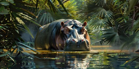 Fototapeta premium Hippopotamus emerges from water in jungle.