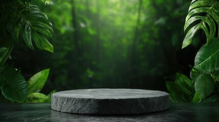 Stone podium in a lush rainforest, tranquility, vibrant nature