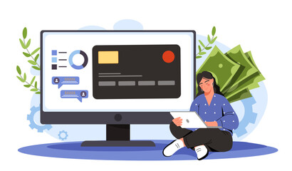 Woman making money online. Young girl with tablet makes money on Internet. Remote employee and freelancer. Cashless transfers and transactions. Flat vector illustration isolated on white background