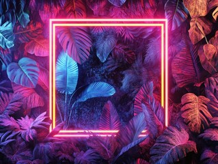 Neon frame surrounded by lush tropical plants and leaves