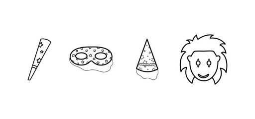 New Year's carnival accessories, masks, party poppers, caps. Party time. Outfits for the holiday. Carnival mask. New Year's cap. Confetti and party poppers. Clown mask