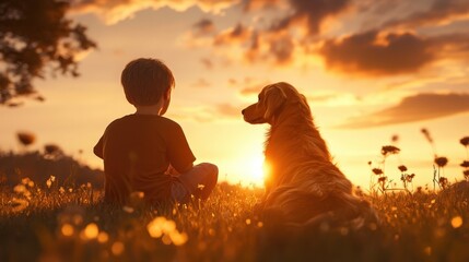 Golden retriever sitting next to a young boy during sunset in a peaceful field