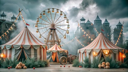 Vintage Carnival with Ferris Wheel and Tents in a Foggy Atmosphere