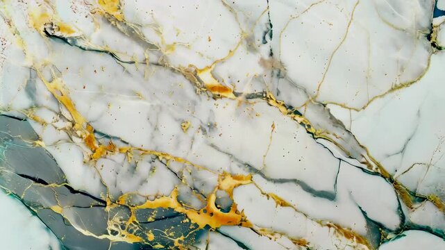 A close-up of a white marble surface showcasing elegant gold veins and veining cracks. The texture highlights the intricate and luxurious pattern of the natural stone. The image suggests a
