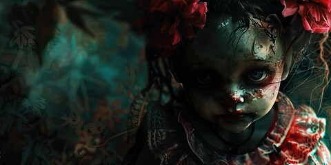 A creepy doll with red flowers in her hair.