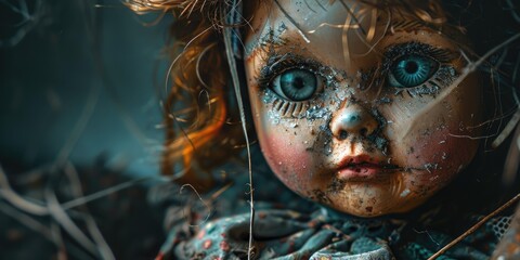 Close-up of a creepy, weathered doll's face.